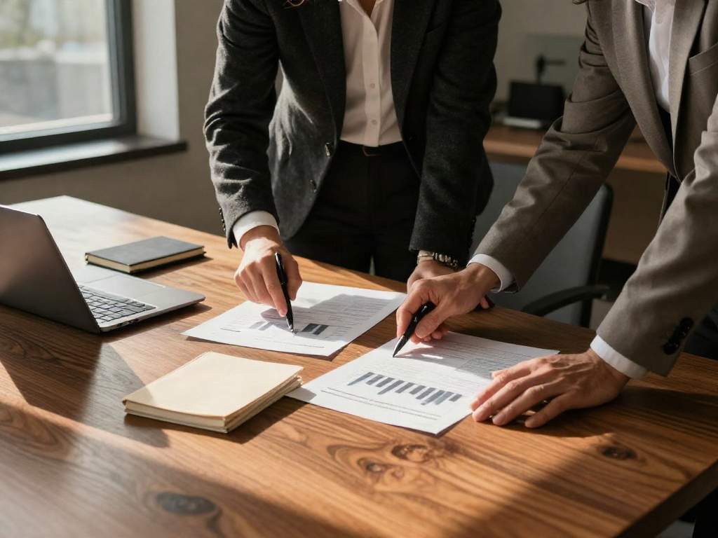 Close-up of a consulting team working through printed business charts and strategic priorities