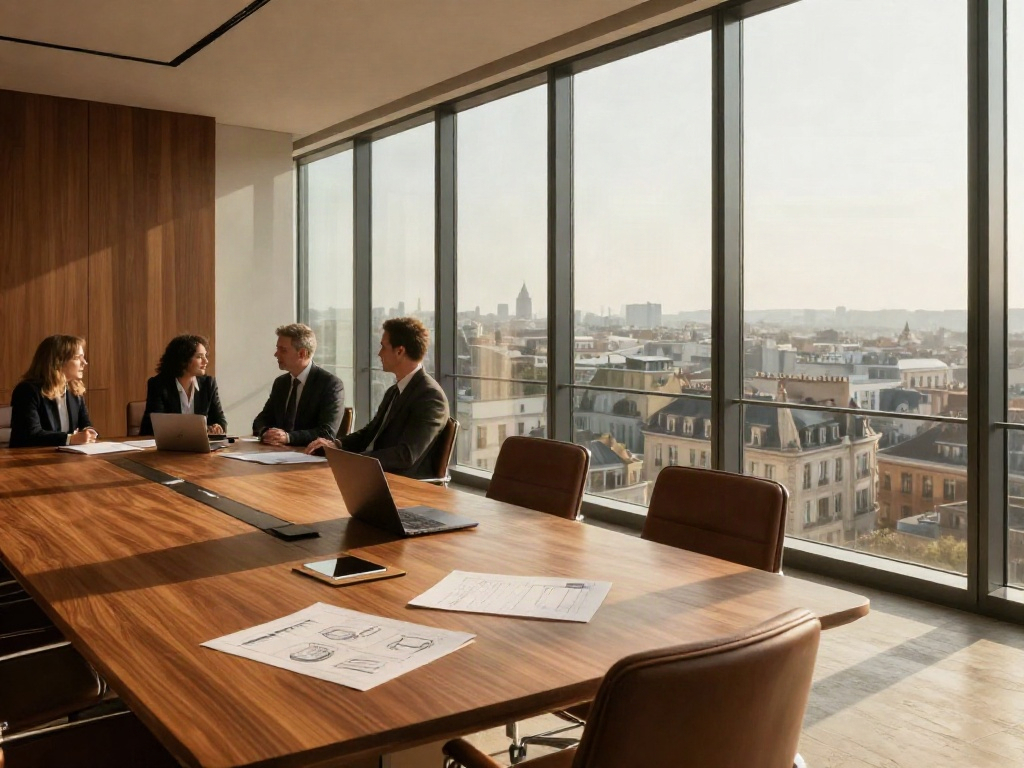 Sunlit executive boardroom with strategists reviewing business priorities